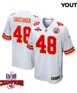 Cole Christiansen 48 Kansas City Chiefs Super Bowl LVIII Champions 4 Stars Patch Game YOUTH Jersey - White JS4314 nicesnker