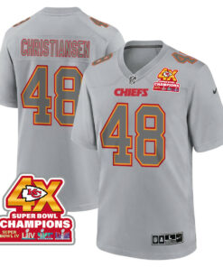 Cole Christiansen 48 Kansas City Chiefs Super Bowl LVIII Champions 4X Atmosphere Fashion Game Men Jersey - Gray JS8459 nicesnker