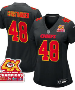 Cole Christiansen 48 Kansas City Chiefs Super Bowl LVIII Champions 4X Fashion Game Women Jersey - Carbon Black JS3209 nicesnker