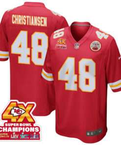 Cole Christiansen 48 Kansas City Chiefs Super Bowl LVIII Champions 4X Game Men Jersey - Red JS8781 nicesnker