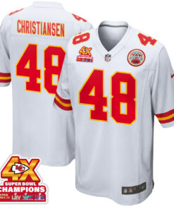 Cole Christiansen 48 Kansas City Chiefs Super Bowl LVIII Champions 4X Game Men Jersey - White JS3008 nicesnker