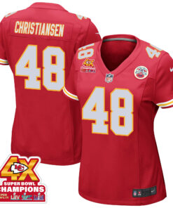 Cole Christiansen 48 Kansas City Chiefs Super Bowl LVIII Champions 4X Game Women Jersey - Red JS9514 nicesnker