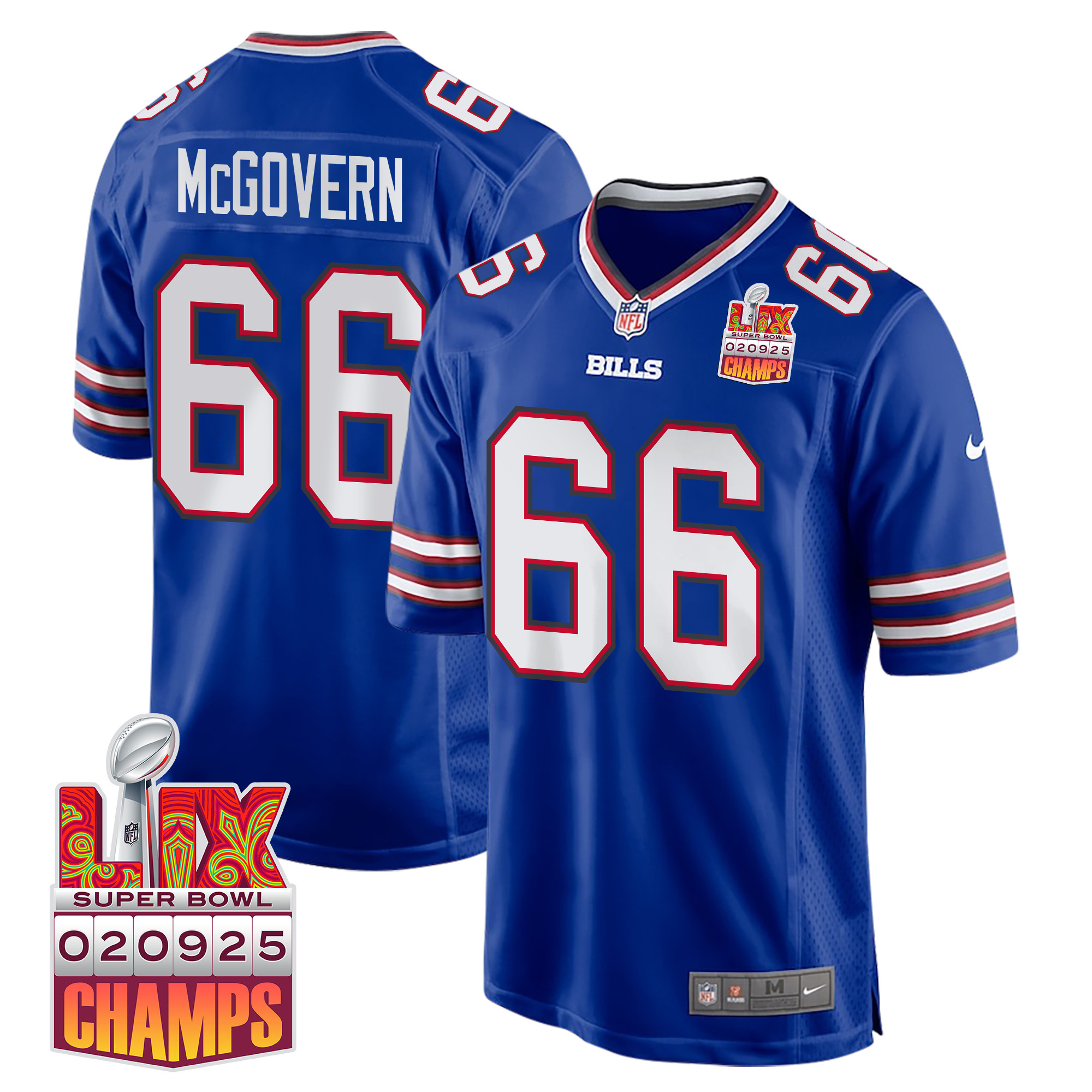 Connor McGovern 66 Buffalo Bills Super Bowl LIX Champions Patch Game Men Jersey - Royal JS6085 nicesnker