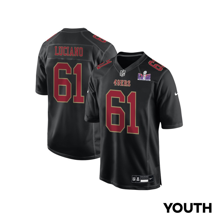 Corey Luciano 61 San Francisco 49ers Super Bowl LVIII Patch Fashion Game YOUTH Jersey - Carbon Black JS9801 nicesnker