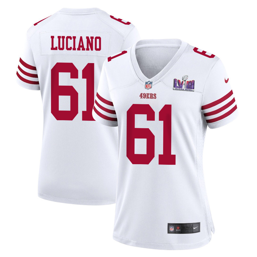 Corey Luciano 61 San Francisco 49ers Super Bowl LVIII Patch Game Women Jersey - White JS3798 nicesnker