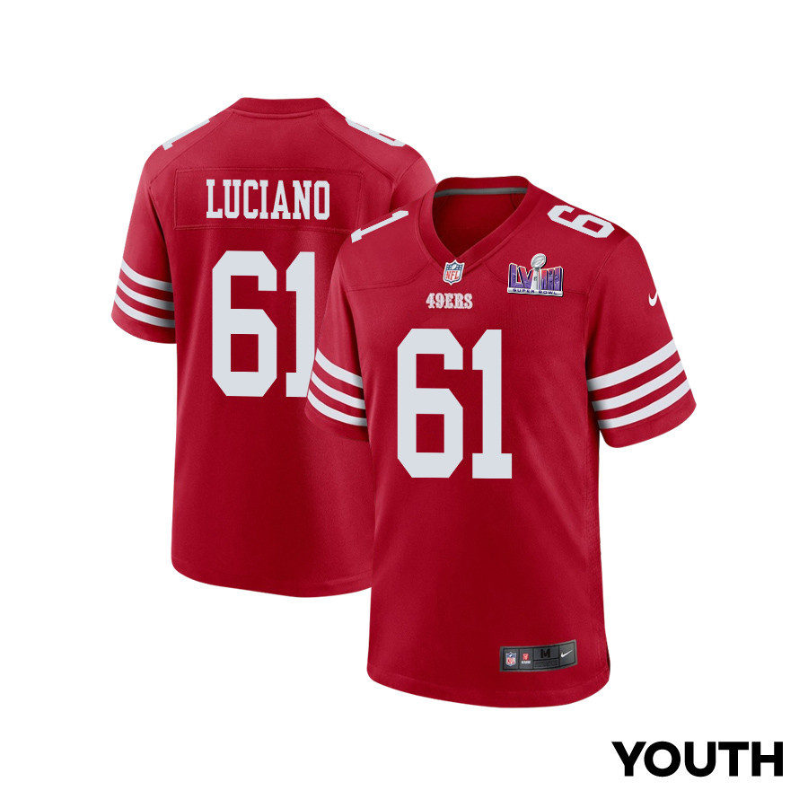 Corey Luciano 61 San Francisco 49ers Super Bowl LVIII Patch Game YOUTH Jersey - Scarlet JS6771 nicesnker
