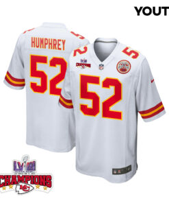 Creed Humphrey 52 Kansas City Chiefs Super Bowl LVIII Champions 4 Stars Patch Game YOUTH Jersey - White JS7690 nicesnker