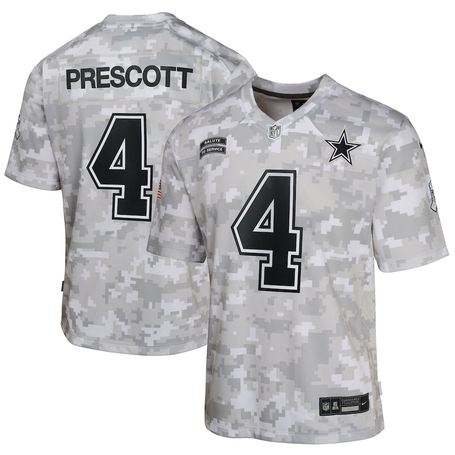 Dak Prescott 4 Dallas Cowboys 2024 Salute to Service Game YOUTH Jersey - Arctic Camo JS9792 nicesnker