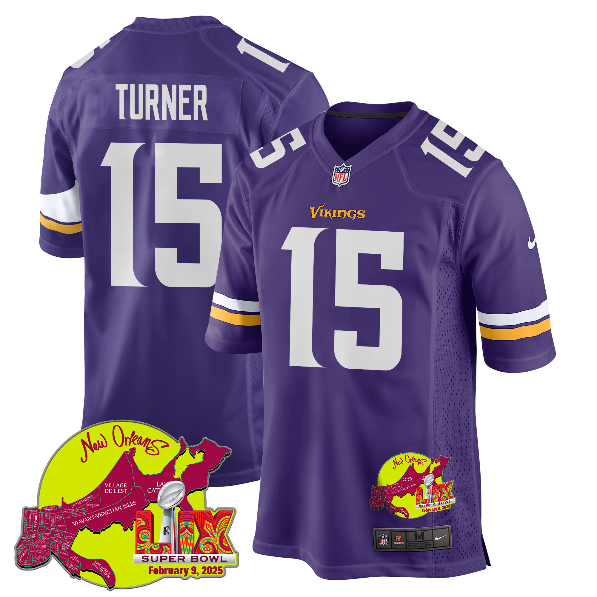 Dallas Turner 15 Minnesota Vikings Super Bowl LIX New Orleans Patch Game Men Jersey - Purple JS6616 nicesnker