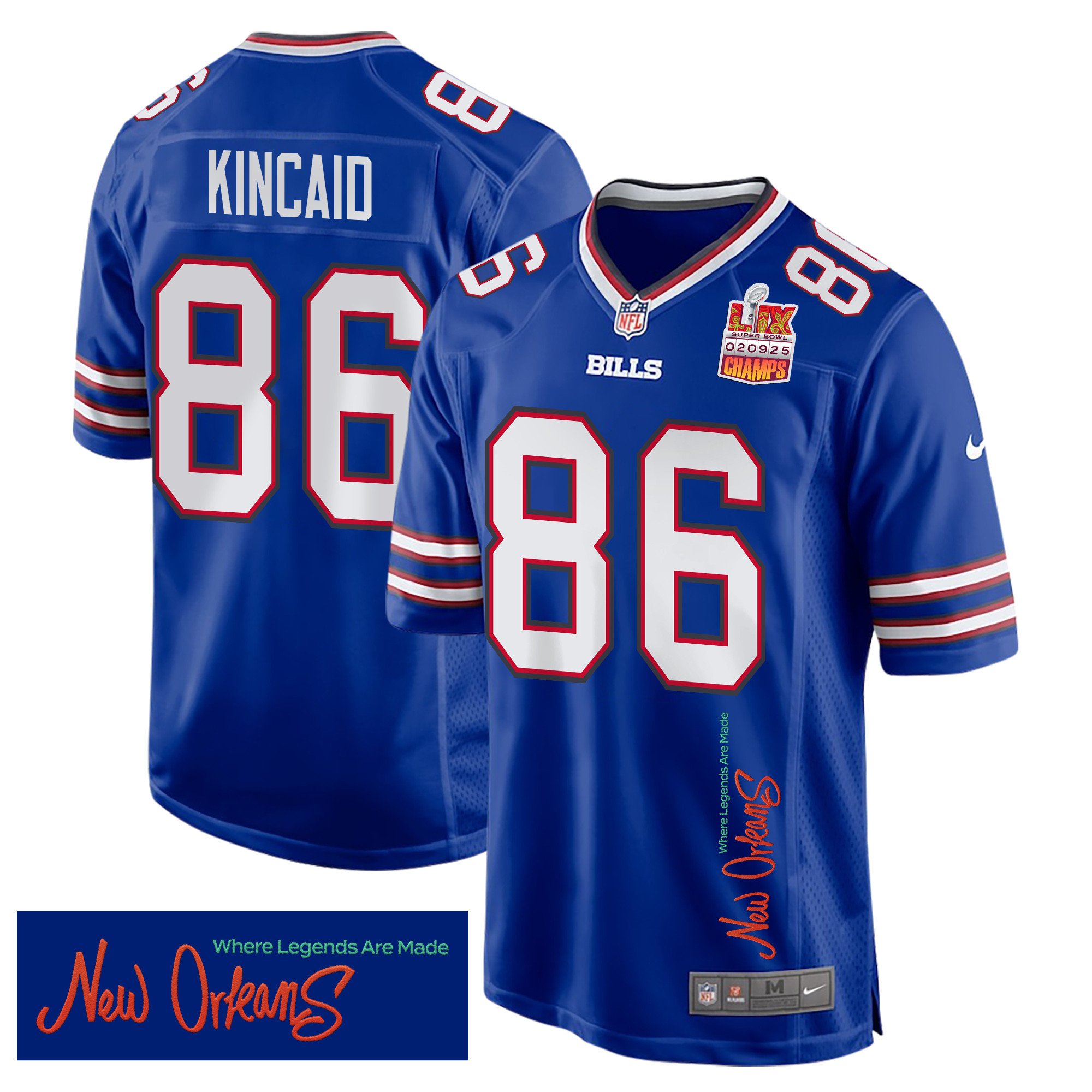 Dalton Kincaid 86 Buffalo Bills Super Bowl LIX Champions Patch 'New Orleans - Where Legends Are Made' EMBROIDERED Game Men Jersey - Royal JS1345 nicesnker