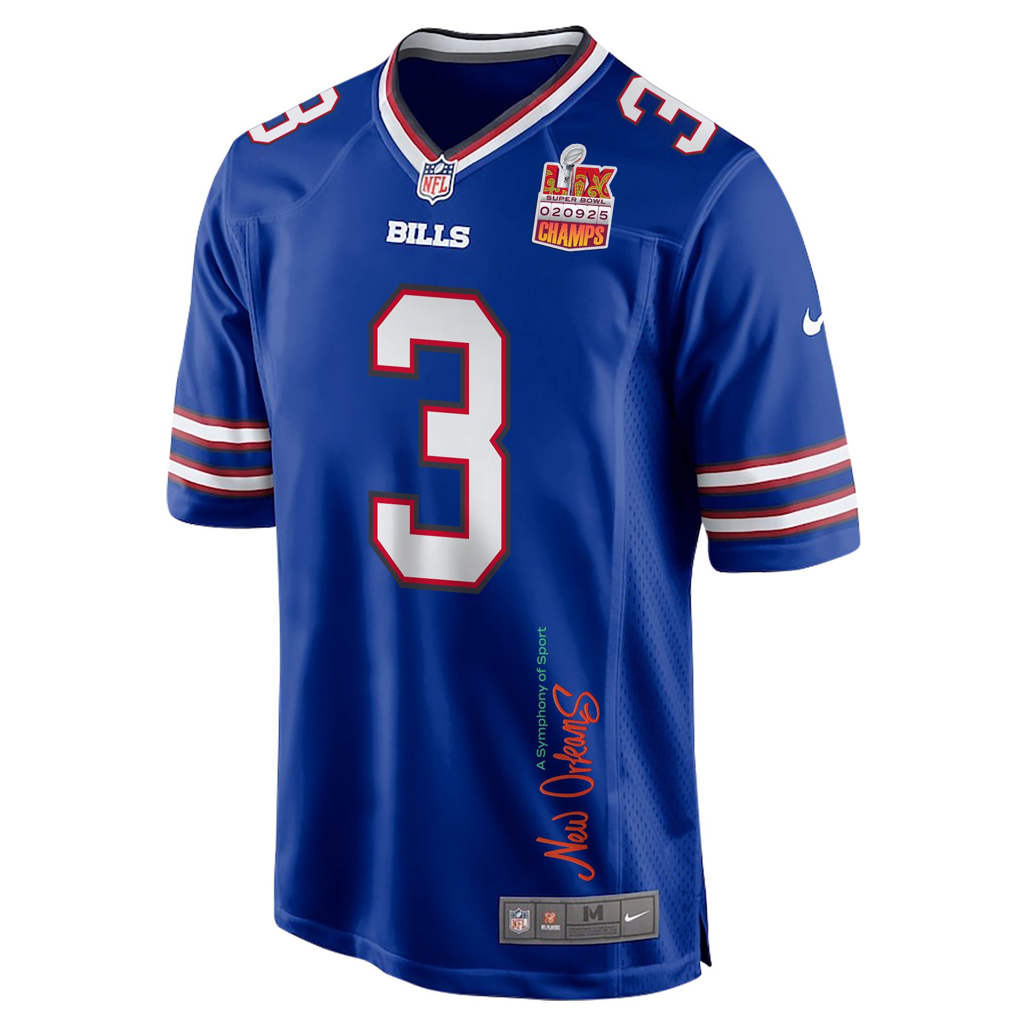 Damar Hamlin 3 Buffalo Bills Super Bowl LIX Champions Patch 'New Orleans - A Symphony of Sport' EMBROIDERED Game Men Jersey - Royal JS9625 nicesnker - Image 3