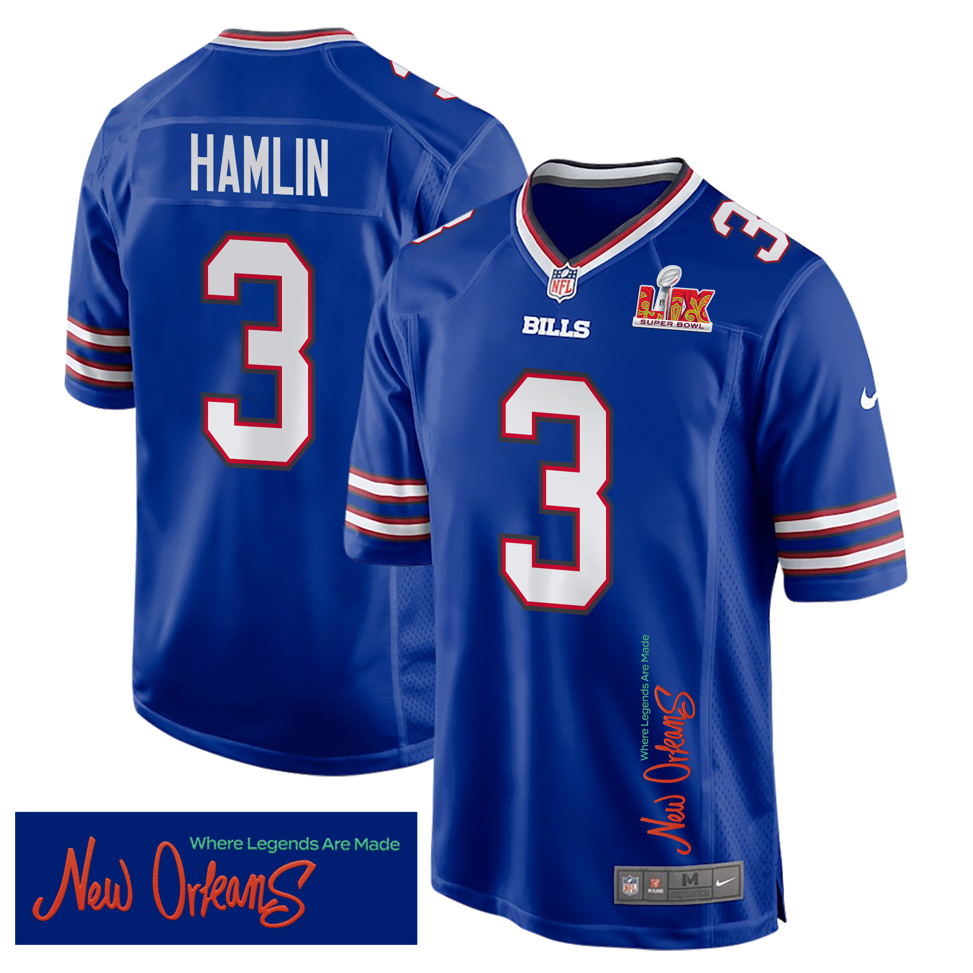 Damar Hamlin 3 Buffalo Bills Super Bowl LIX 'New Orleans - Where Legends Are Made' EMBROIDERED Game Men Jersey - Royal JS5770 nicesnker