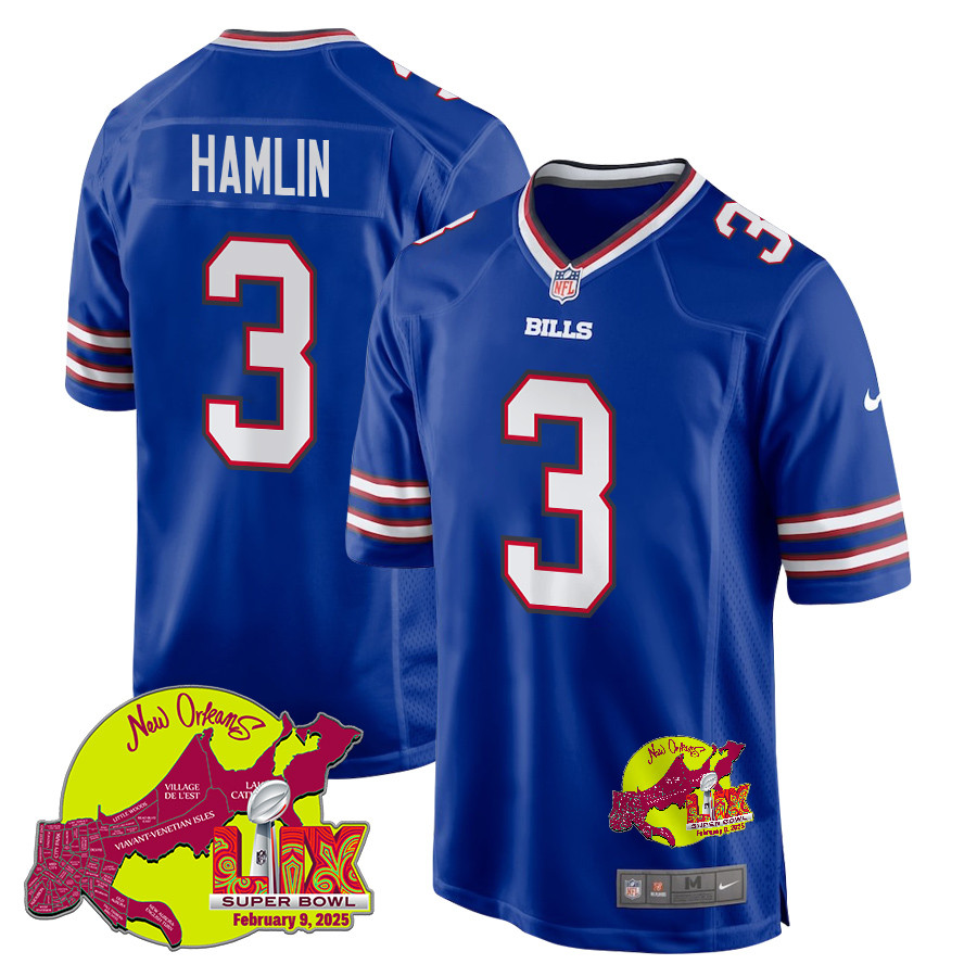 Damar Hamlin 3 Buffalo Bills Super Bowl LIX New Orleans Patch Game Men Jersey - Royal JS2838 nicesnker