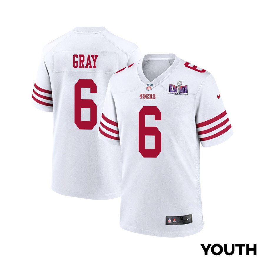 Danny Gray 6 San Francisco 49ers Super Bowl LVIII Patch Game YOUTH Jersey - White JS9753 nicesnker