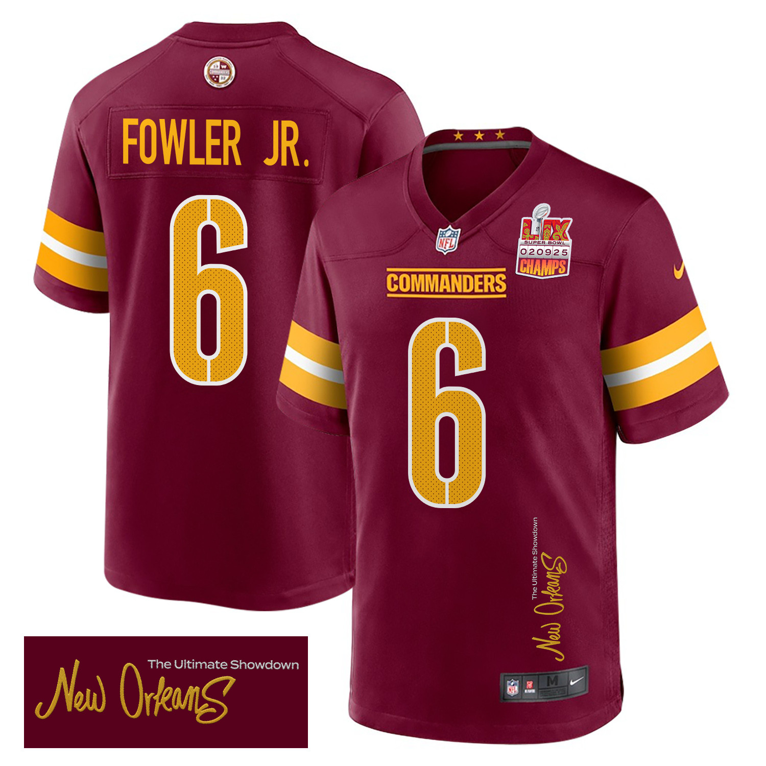 Dante Fowler Jr. 6 Washington Commanders Super Bowl LIX Champions Patch 'New Orleans - The Ultimate Showdown' EMBROIDERED Game Men Jersey - Burgundy JS6505 nicesnker