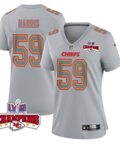 Darius Harris 59 Kansas City Chiefs Super Bowl LVIII Champions 4 Stars Patch Atmosphere Fashion Game Women Jersey - Gray JS3283 nicesnker