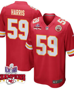 Darius Harris 59 Kansas City Chiefs Super Bowl LVIII Champions 4 Stars Patch Game Men Jersey - Red JS6050 nicesnker
