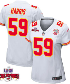 Darius Harris 59 Kansas City Chiefs Super Bowl LVIII Champions 4 Stars Patch Game Women Jersey - White JS5765 nicesnker