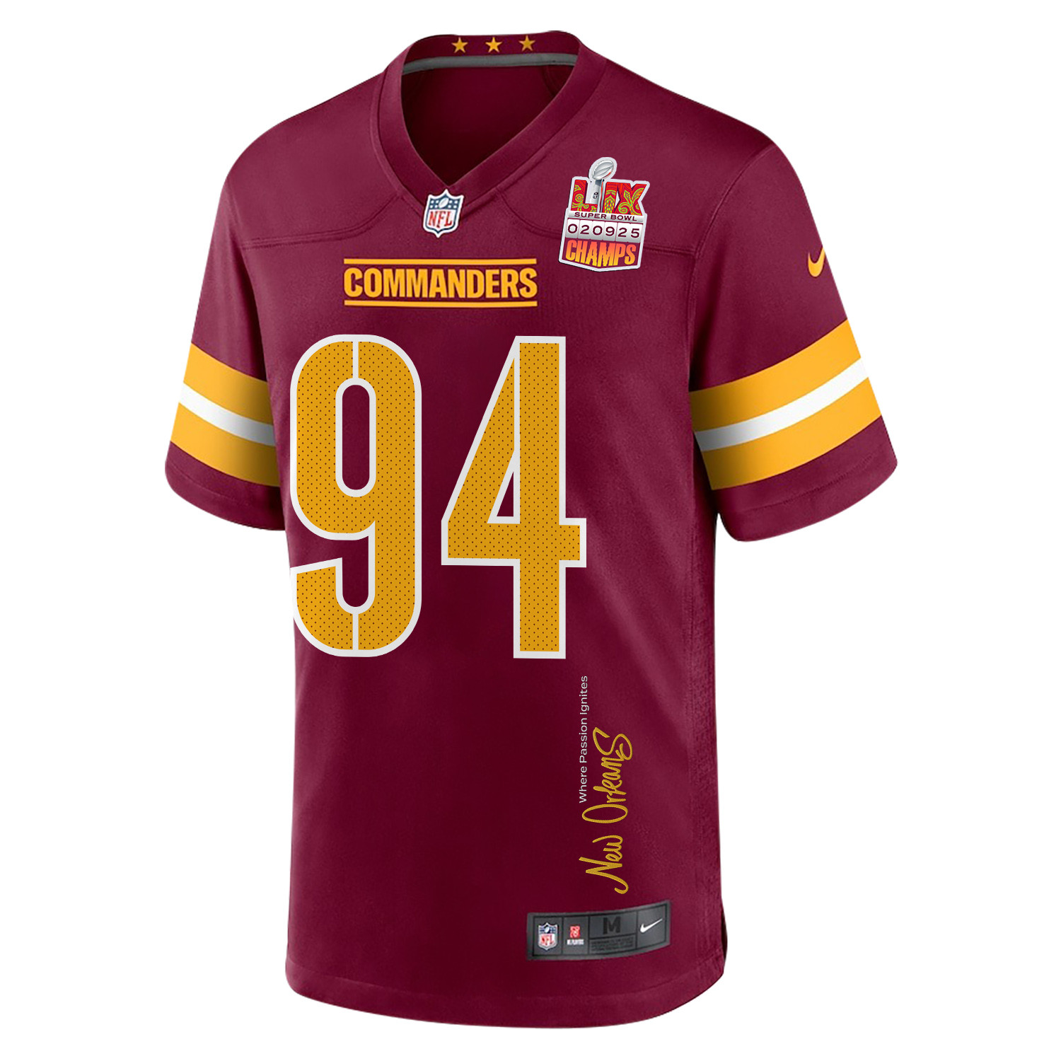 Daron Payne 94 Washington Commanders Super Bowl LIX Champions Patch 'New Orleans - Where Passion Ignites' EMBROIDERED Game Men Jersey - Burgundy JS8338 nicesnker - Image 3