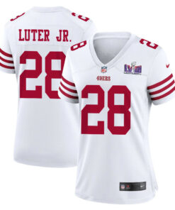 Darrell Luter Jr. 28 San Francisco 49ers Super Bowl LVIII Patch Game Women Jersey - White JS2931 nicesnker