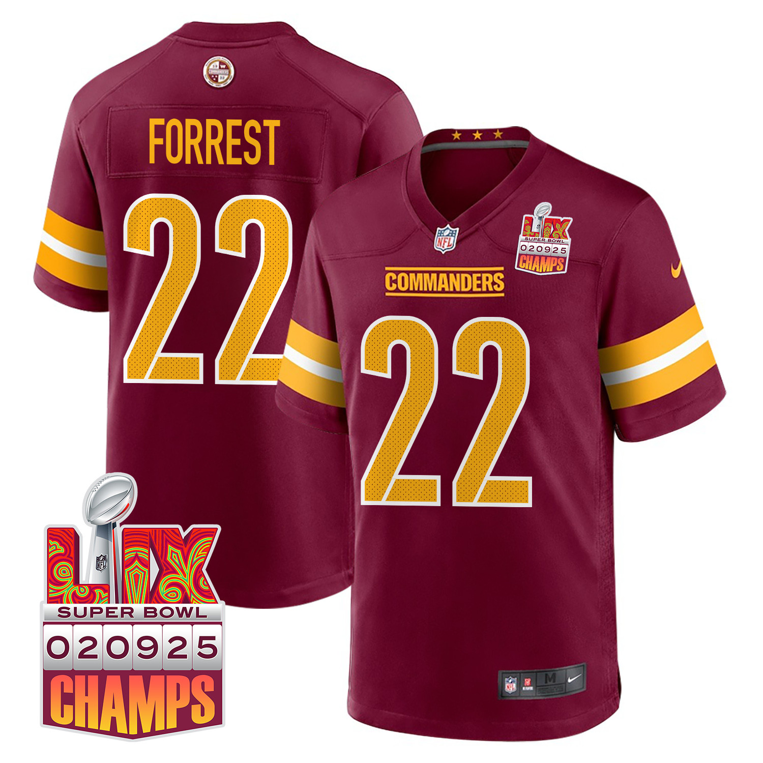 Darrick Forrest 22 Washington Commanders Super Bowl LIX Champions Patch Game Men Jersey - Burgundy JS9067 nicesnker