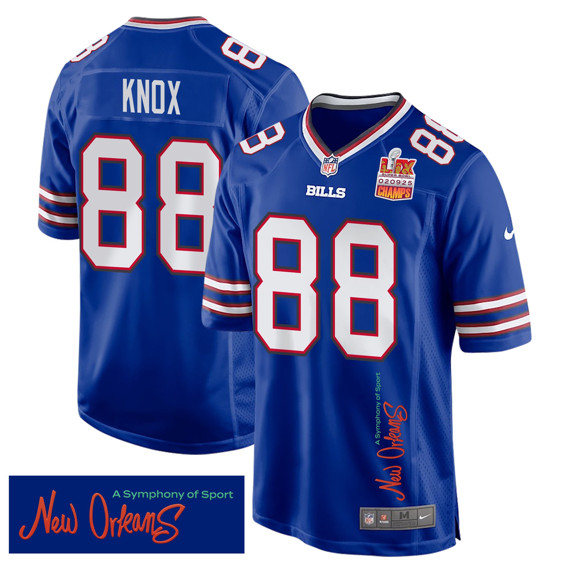 Dawson Knox 88 Buffalo Bills Super Bowl LIX Champions Patch 'New Orleans - A Symphony of Sport' EMBROIDERED Game Men Jersey - Royal JS1239 nicesnker