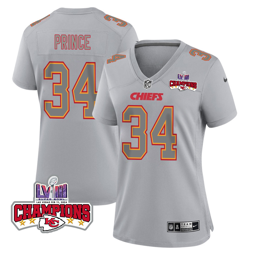 Deneric Prince 34 Kansas City Chiefs Super Bowl LVIII Champions 4 Stars Patch Atmosphere Fashion Game Women Jersey - Gray JS9554 nicesnker