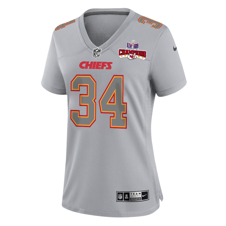 Deneric Prince 34 Kansas City Chiefs Super Bowl LVIII Champions 4 Stars Patch Atmosphere Fashion Game Women Jersey - Gray JS9554 nicesnker - Image 2