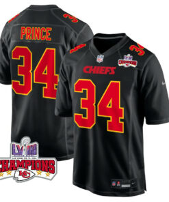 Deneric Prince 34 Kansas City Chiefs Super Bowl LVIII Champions 4 Stars Patch Fashion Game Men Jersey - Carbon Black JS6564 nicesnker