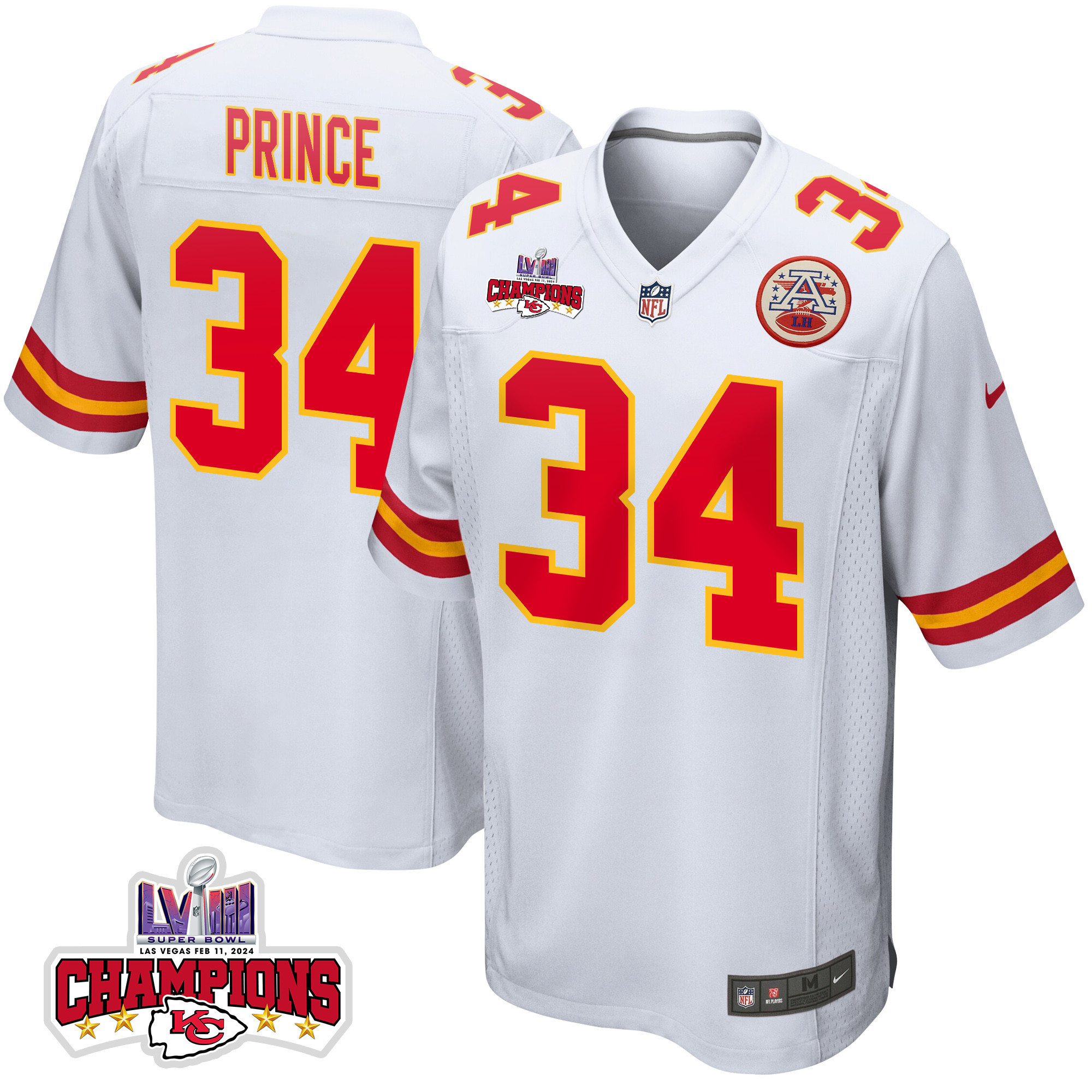 Deneric Prince 34 Kansas City Chiefs Super Bowl LVIII Champions 4 Stars Patch Game Men Jersey - White JS4608 nicesnker