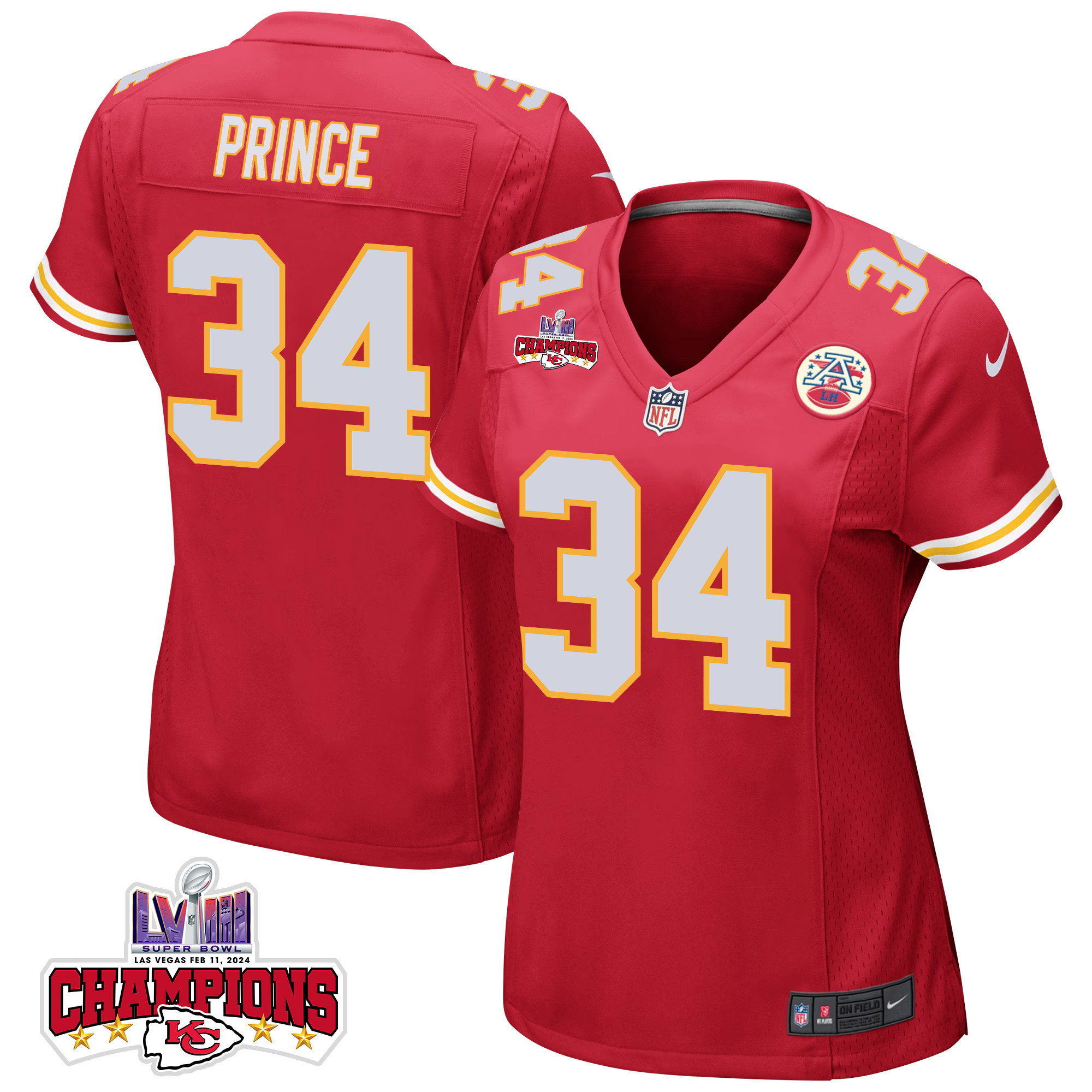 Deneric Prince 34 Kansas City Chiefs Super Bowl LVIII Champions 4 Stars Patch Game Women Jersey - Red JS8161 nicesnker