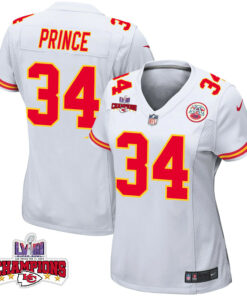 Deneric Prince 34 Kansas City Chiefs Super Bowl LVIII Champions 4 Stars Patch Game Women Jersey - White JS2839 nicesnker