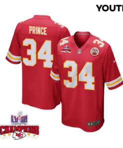 Deneric Prince 34 Kansas City Chiefs Super Bowl LVIII Champions 4 Stars Patch Game YOUTH Jersey - Red JS8949 nicesnker