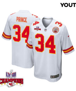 Deneric Prince 34 Kansas City Chiefs Super Bowl LVIII Champions 4 Stars Patch Game YOUTH Jersey - White JS1225 nicesnker