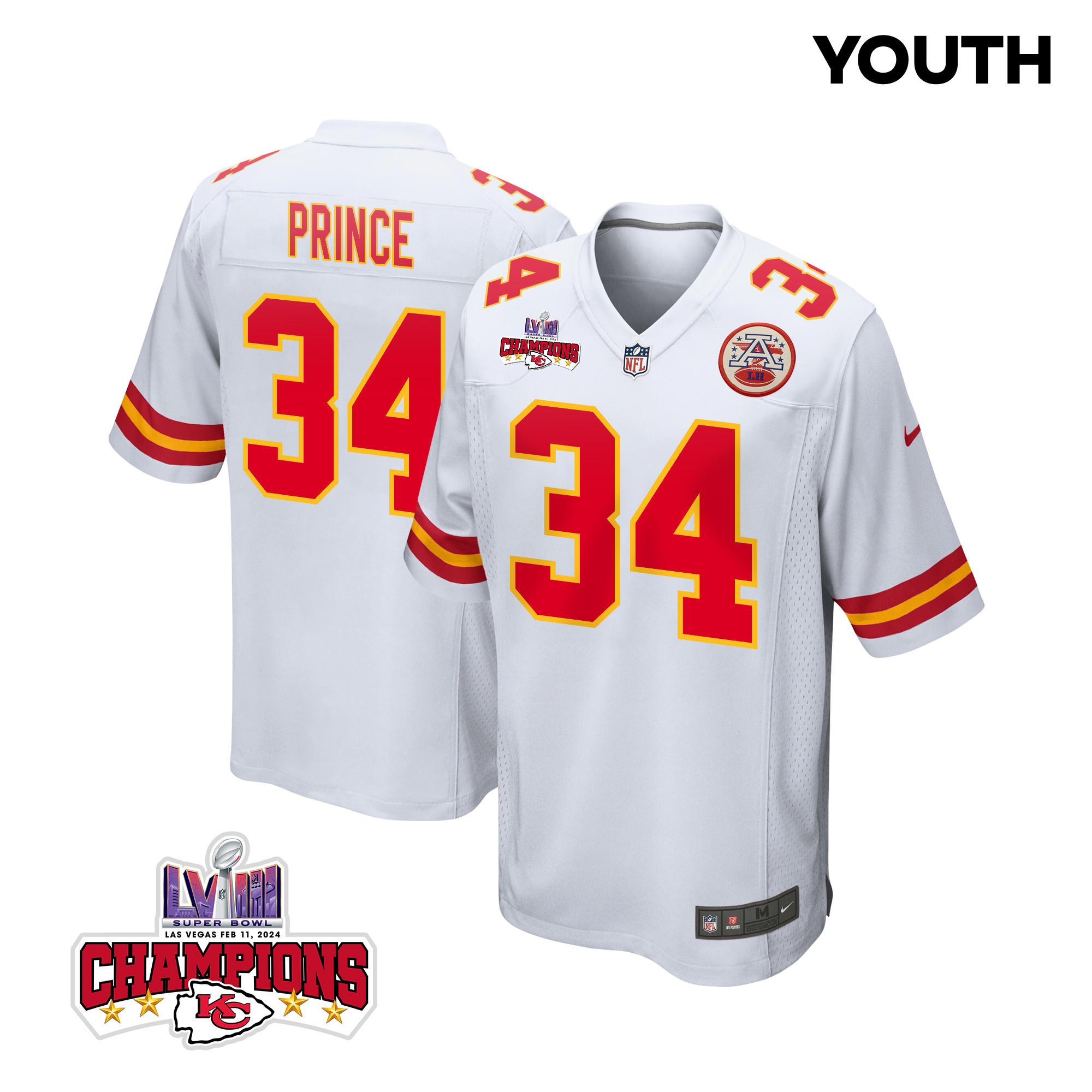 Deneric Prince 34 Kansas City Chiefs Super Bowl LVIII Champions 4 Stars Patch Game YOUTH Jersey - White JS1225 nicesnker