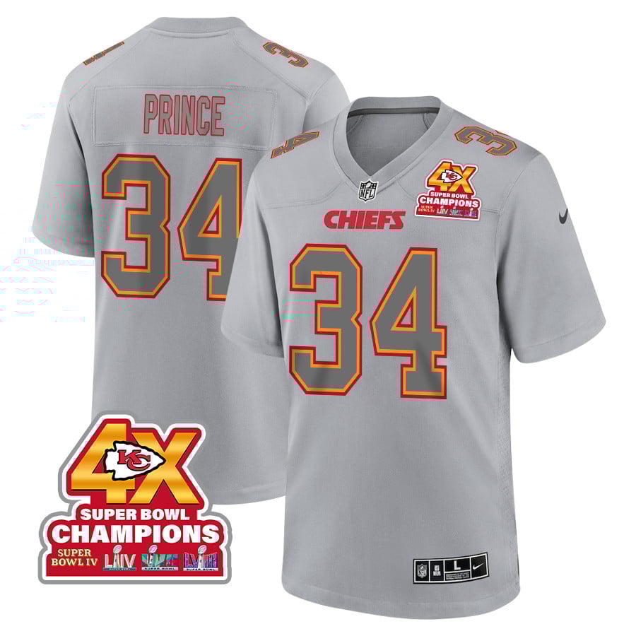 Deneric Prince 34 Kansas City Chiefs Super Bowl LVIII Champions 4X Atmosphere Fashion Game Men Jersey - Gray JS3819 nicesnker