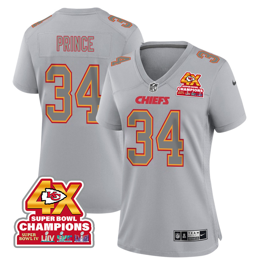 Deneric Prince 34 Kansas City Chiefs Super Bowl LVIII Champions 4X Atmosphere Fashion Game Women Jersey - Gray JS3580 nicesnker