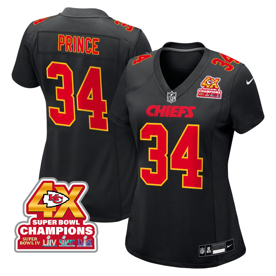 Deneric Prince 34 Kansas City Chiefs Super Bowl LVIII Champions 4X Fashion Game Women Jersey - Carbon Black JS4564 nicesnker
