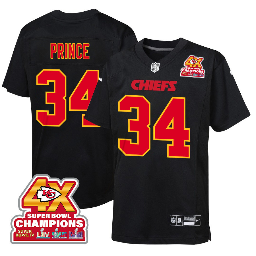 Deneric Prince 34 Kansas City Chiefs Super Bowl LVIII Champions 4X Fashion Game YOUTH Jersey - Carbon Black JS7578 nicesnker