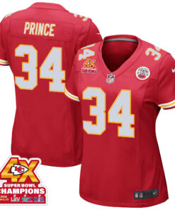 Deneric Prince 34 Kansas City Chiefs Super Bowl LVIII Champions 4X Game Women Jersey - Red JS5547 nicesnker