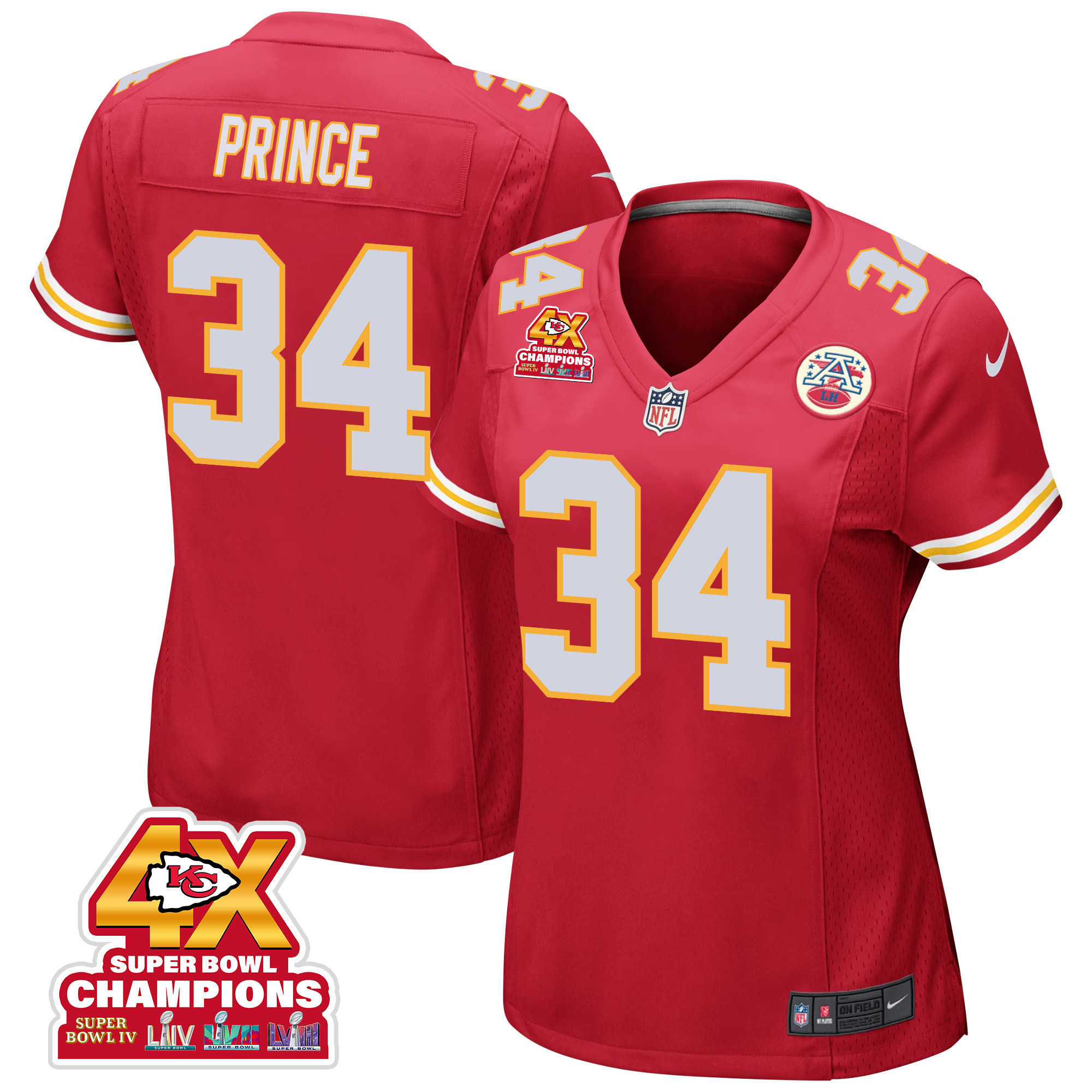 Deneric Prince 34 Kansas City Chiefs Super Bowl LVIII Champions 4X Game Women Jersey - Red JS5547 nicesnker
