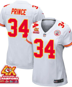 Deneric Prince 34 Kansas City Chiefs Super Bowl LVIII Champions 4X Game Women Jersey - White JS4844 nicesnker