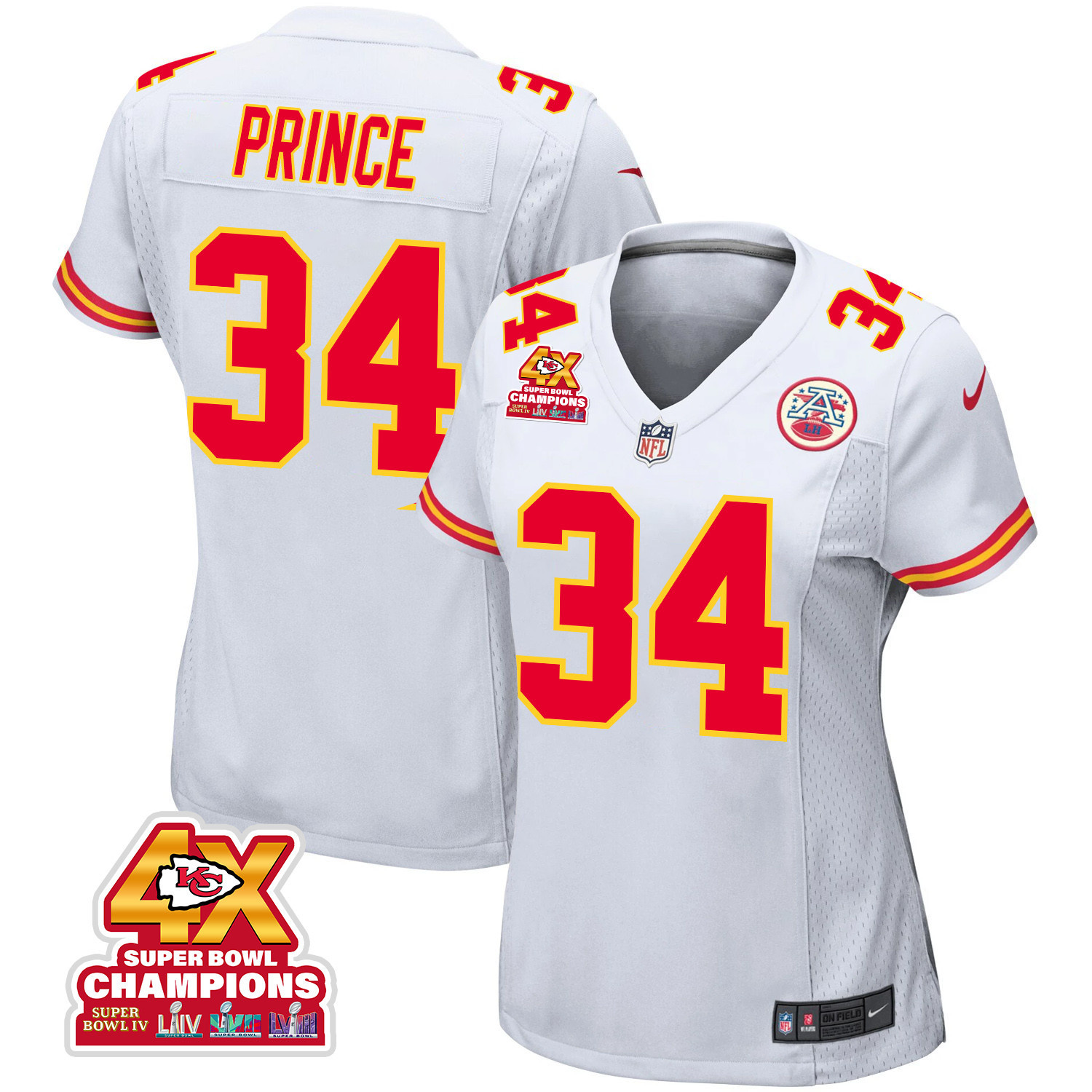 Deneric Prince 34 Kansas City Chiefs Super Bowl LVIII Champions 4X Game Women Jersey - White JS4844 nicesnker