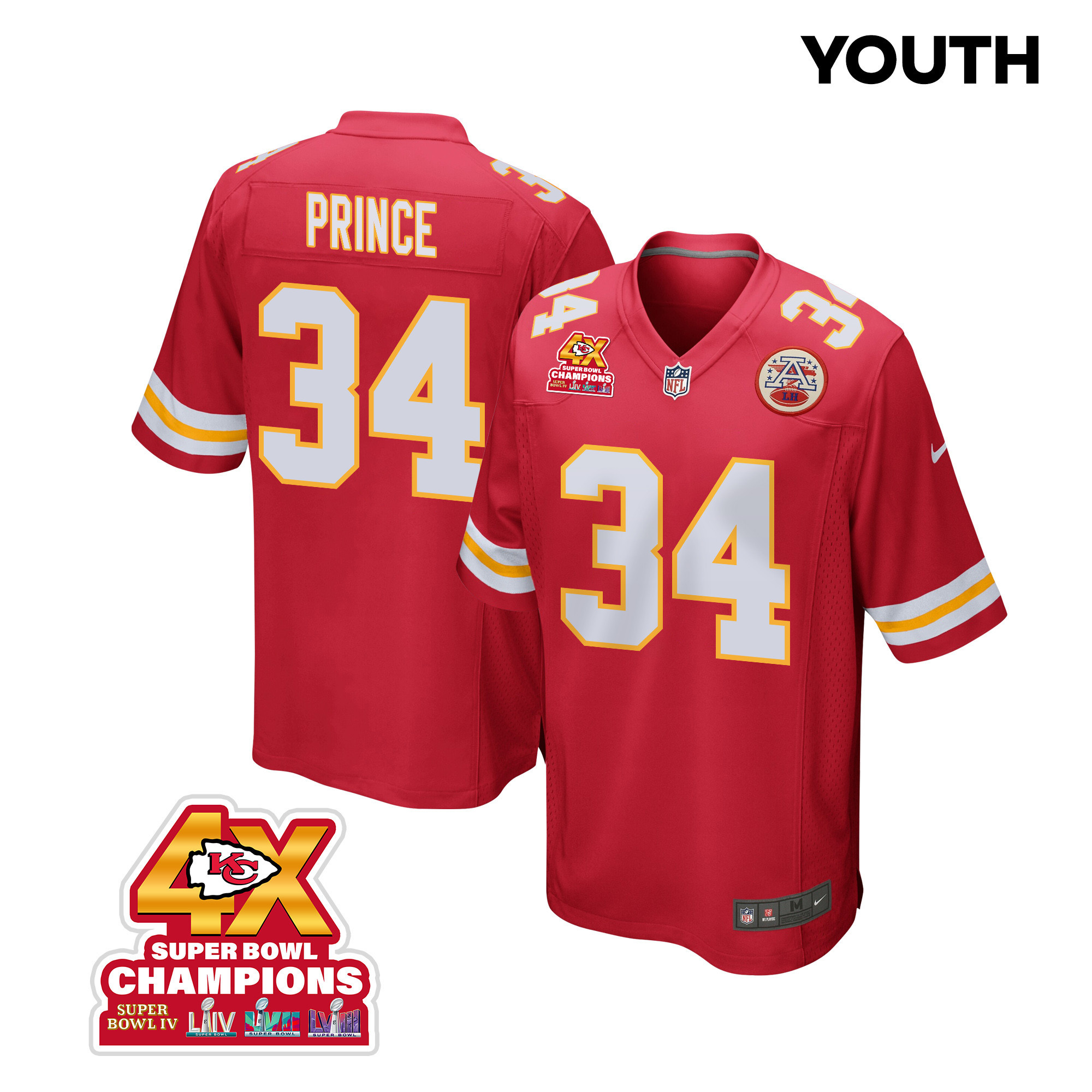 Deneric Prince 34 Kansas City Chiefs Super Bowl LVIII Champions 4X Game YOUTH Jersey - Red JS1557 nicesnker
