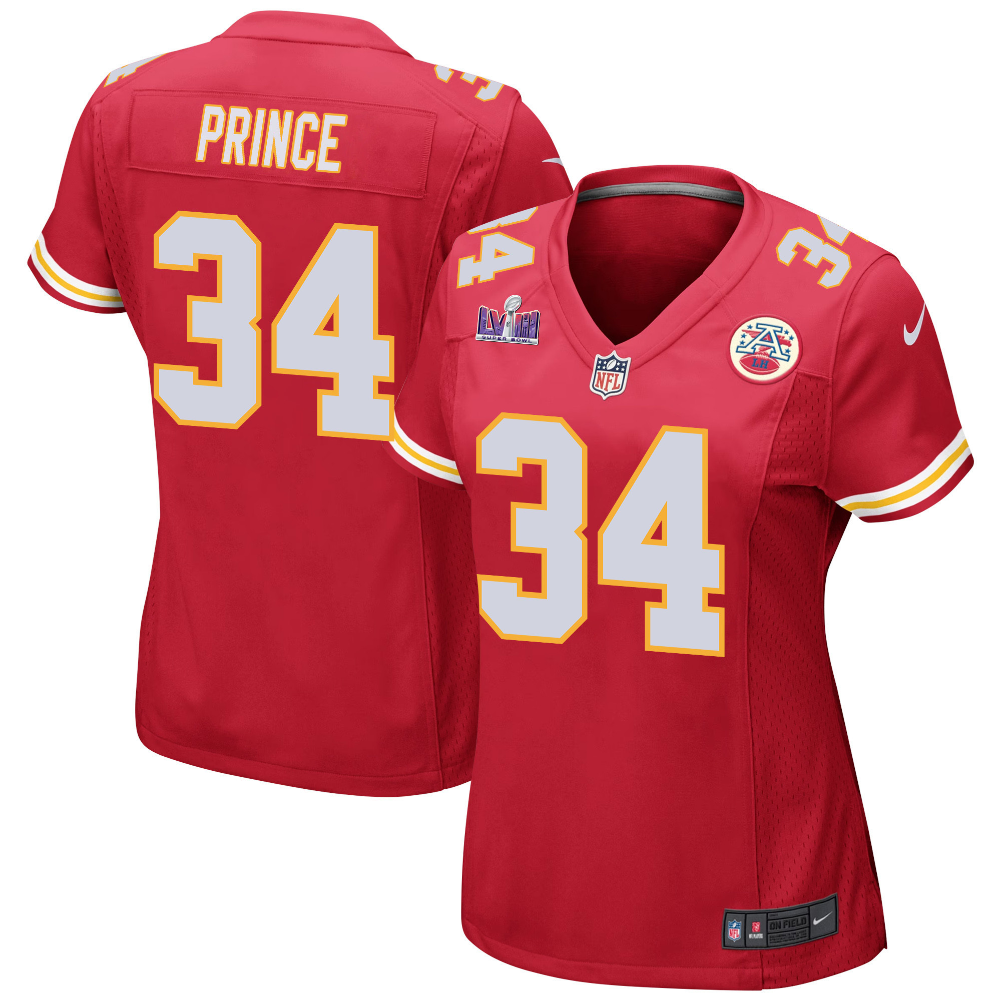 Deneric Prince 34 Kansas City Chiefs Super Bowl LVIII Patch Game Women Jersey - Red JS9492 nicesnker