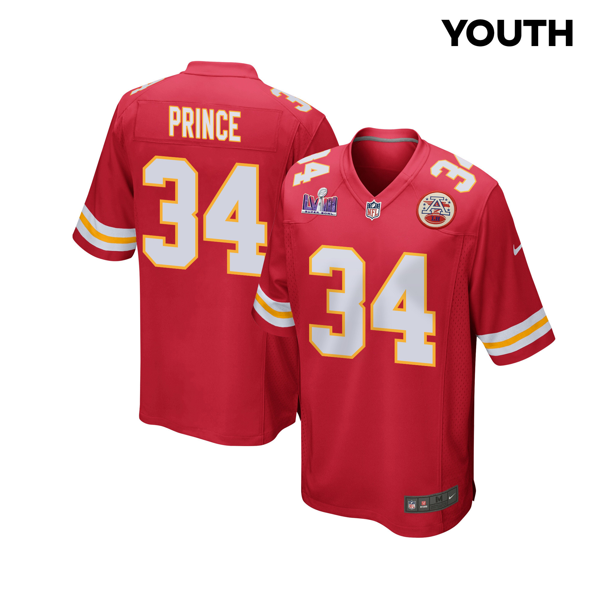 Deneric Prince 34 Kansas City Chiefs Super Bowl LVIII Patch Game YOUTH Jersey - Red JS2310 nicesnker