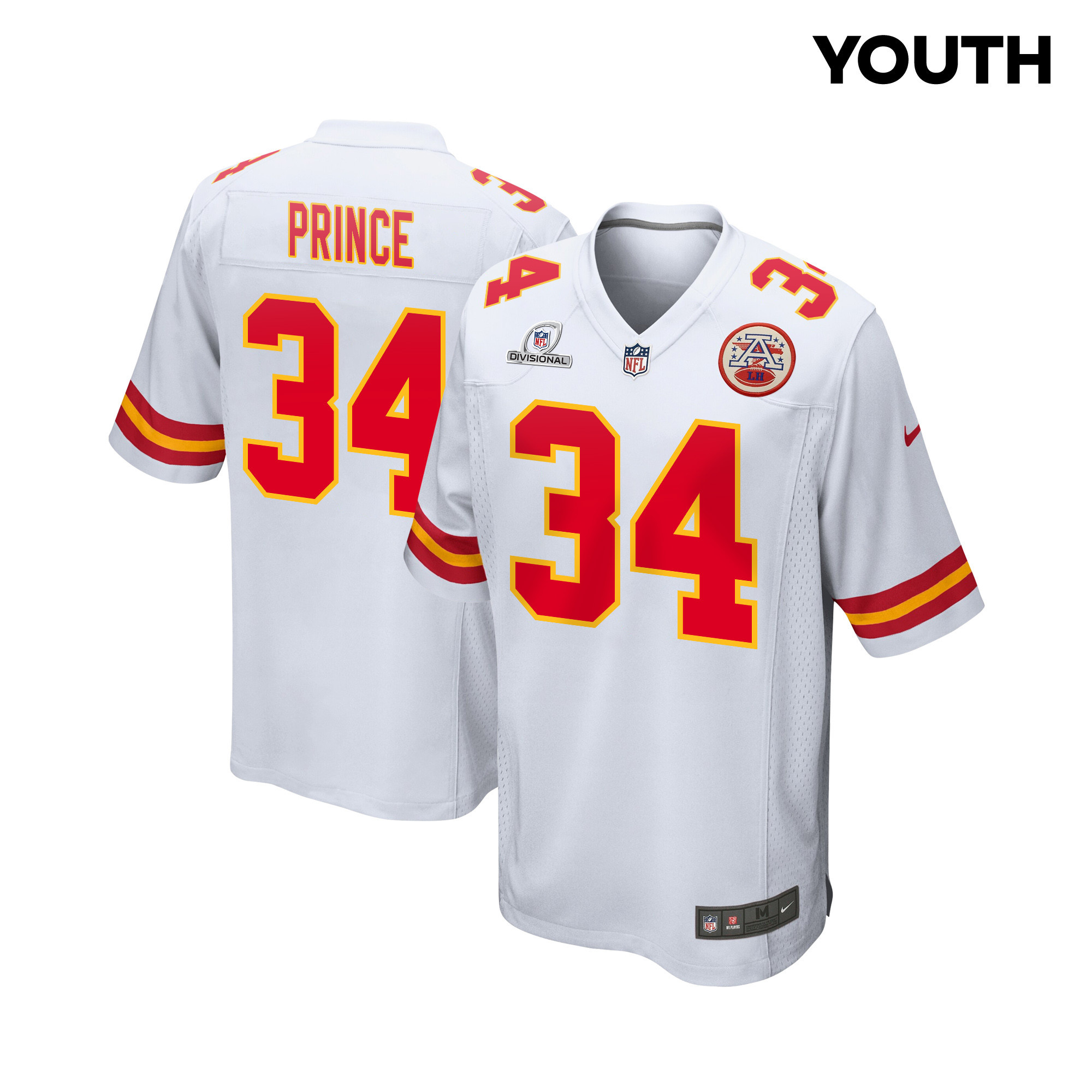 Deneric Prince 34 Kansas City Chiefs Super Bowl LVIII Patch Game YOUTH Jersey - White JS4681 nicesnker