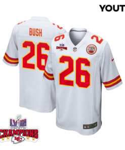 Deon Bush 26 Kansas City Chiefs Super Bowl LVIII Champions 4 Stars Patch Game YOUTH Jersey - White JS6222 nicesnker