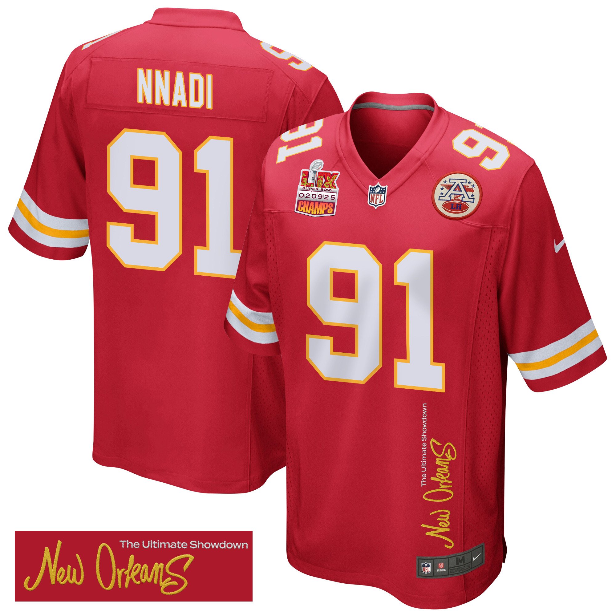 Derrick Nnadi 91 Kansas City Chiefs Super Bowl LIX Champions Patch 'New Orleans - The Ultimate Showdown' EMBROIDERED Game Men Jersey - Red JS4000 nicesnker