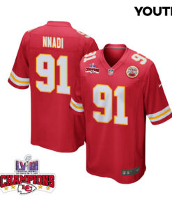 Derrick Nnadi 91 Kansas City Chiefs Super Bowl LVIII Champions 4 Stars Patch Game YOUTH Jersey - Red JS4102 nicesnker
